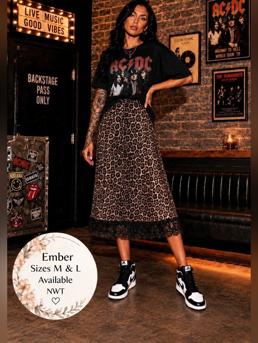 Ember NWT Leopard Mesh Lace Trim Midi Skirt